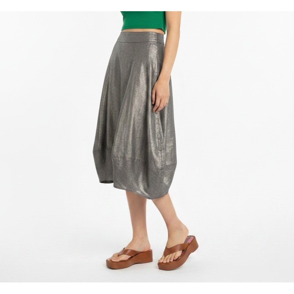 Eileen Fisher Lantern Skirt Metallic‎ Gray Midi Balloon Hem Medium Avant Garde